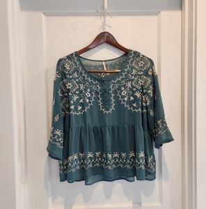 Free People - sage green sheer embroidered peplum top